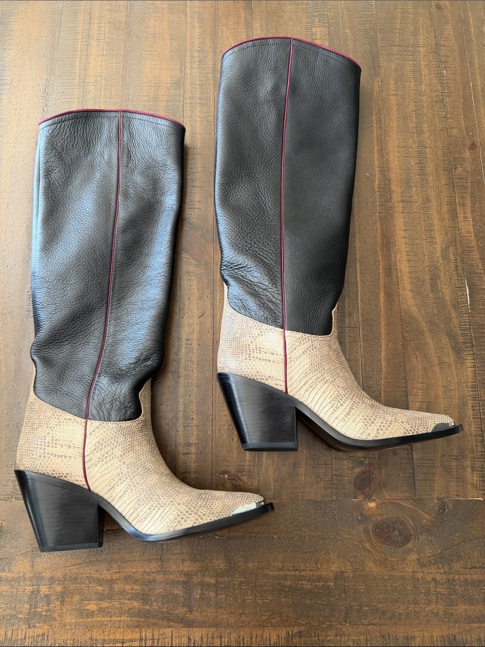 Tory Burch Western Tall Boots Black Cream Roccia Lizard Embossed Leather Sz 7